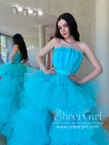 Turquoise Strapless Ruffle Tulle High Low Ball Gown Tiered Simple Prom Dress ARD2881-SheerGirl