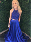 Two Piece A Line Lace Formal Dress Beaded Royal Blue Long Prom Dresses with Pocket APD3383
