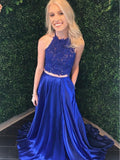 Two Piece A Line Lace Formal Dress Beaded Royal Blue Long Prom Dresses with Pocket APD3383-SheerGirl