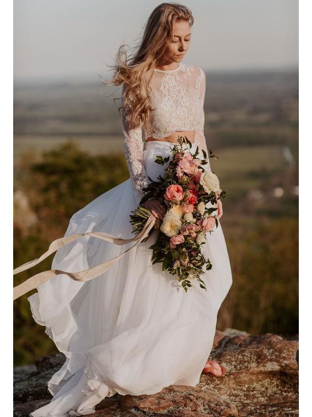 Two Piece Beach Wedding Dresses Long Sleeve Lace Top Wedding Dresses AWD1124 Two Piece Beach Wedding Dresses Long Sleeve Lace Top Wedding Dresses AWD1124