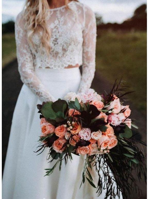 Two Piece Beach Wedding Dresses Long Sleeve Lace Top Wedding Dresses AWD1124 Two Piece Beach Wedding Dresses Long Sleeve Lace Top Wedding Dresses AWD1124