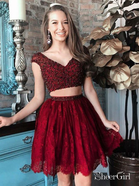 Two Piece Beaded Maroon Homecoming Dresses Lace Burgundy Hoco Dress ARD1778 Two Piece Beaded Maroon Homecoming Dresses Lace Burgundy Hoco Dress ARD1778