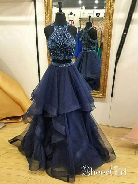 Two Piece Beaded Multi Layered Prom Dresses Organza Navy Blue Formal Dresses ARD1007 Two Piece Beaded Multi Layered Prom Dresses Organza Navy Blue