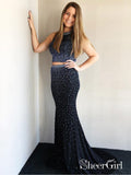 Two Piece Black Mermaid Prom Dresses Beaded Long Evening Ball Gowns APD3426-SheerGirl