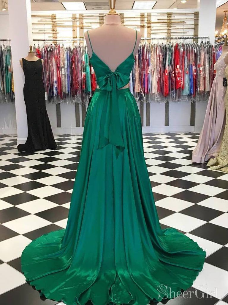 Two Piece Emerald Green Long Prom Dresses with Bow ARD2122-SheerGirl