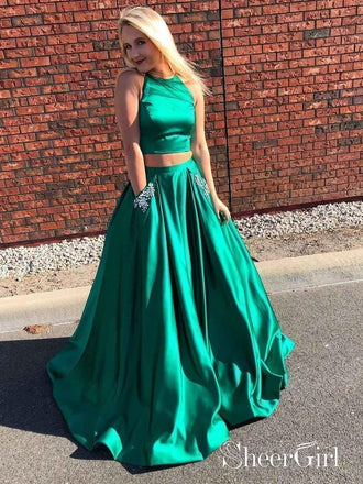 Two Piece Green Prom Dresses Beaded Cheap Plus Size Prom Dresses with Pocket APD3457-SheerGirl