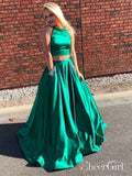 Two Piece Green Prom Dresses Beaded Cheap Plus Size Prom Dresses with Pocket APD3457-SheerGirl