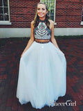 Two Piece Halter Embroidered Boho Prom Dresses White A Line Long Formal Dresses APD1917-SheerGirl