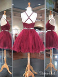 Two Piece Homecoming Dresses Cheap Lace Burgundy Short Prom Dresses ARD1124-SheerGirl