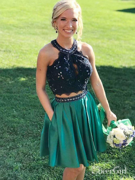 Two Piece Homecoming Dresses with Black Lace Top and Dark Green Skirt ARD1592 Two Piece Homecoming Dresses with Black Lace Top and Dark Green Skirt ARD1592