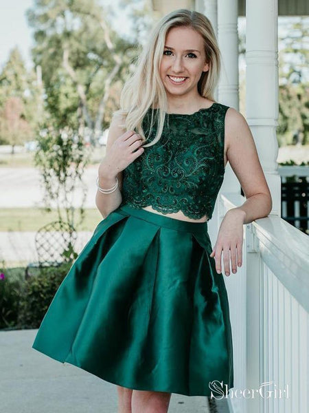Two Piece Lace Applique Dark Green Homecoming Dresses Beaded Hoco Dress ARD1604 Two Piece Lace Applique Dark Green Homecoming Dresses Beaded Hoco Dress ARD1604