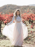 Two Piece Long Sleeve Lace Wedding Dresses Blush Pink Boho Beach Wedding Dress AWD1257-SheerGirl
