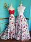 Two Piece Mermaid Floral Printed Prom Dresses Red A Line Lace Top Evening Ball Gowns APD3399