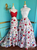 Two Piece Mermaid Floral Printed Prom Dresses Red A Line Lace Top Evening Ball Gowns APD3399-SheerGirl