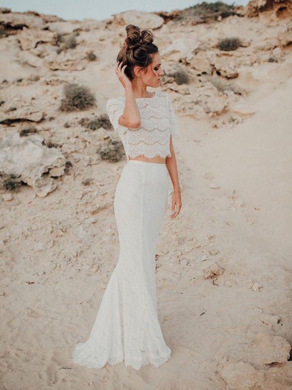 Two Piece Mermaid Wedding Dresses Short Sleeve Lace Beach Wedding Dress AWD1182-SheerGirl