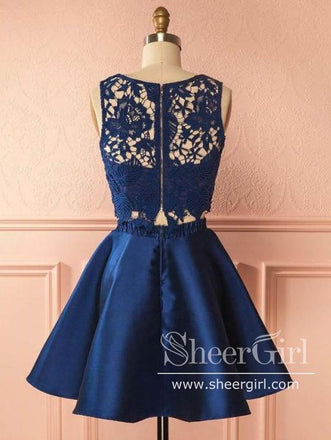 Two Piece Navy Blue Lace Homecoming Dresses Chic Lace Summer Dress ARD1540-SheerGirl
