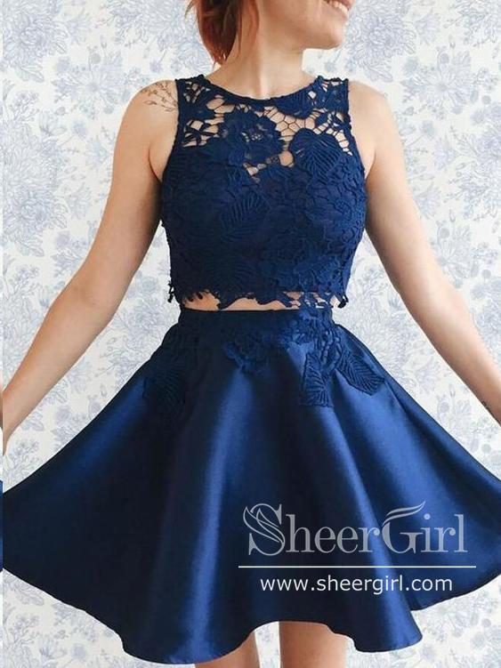 Two Piece Navy Blue Lace Homecoming Dresses Chic Lace Summer Dress ARD1540-SheerGirl