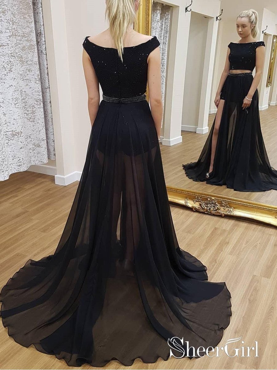 Two Piece Off the Shoulder Black Prom Dress See Through Beaded Split Evening Dress APD3435