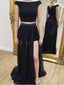 Two Piece Off the Shoulder Black Prom Dress See Through Beaded Split Evening Dress APD3435
