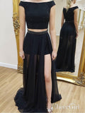 Two Piece Off the Shoulder Black Prom Dress See Through Beaded Split Evening Dress APD3435-SheerGirl