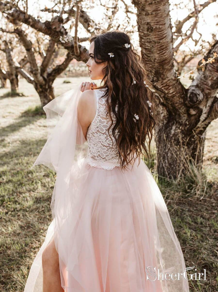 Two Piece Pink Boho Wedding Dress with Slit Beach Wedding Dress AWD1929 Two Piece Pink Boho Wedding Dress with Slit Beach Wedding Dress AWD1929