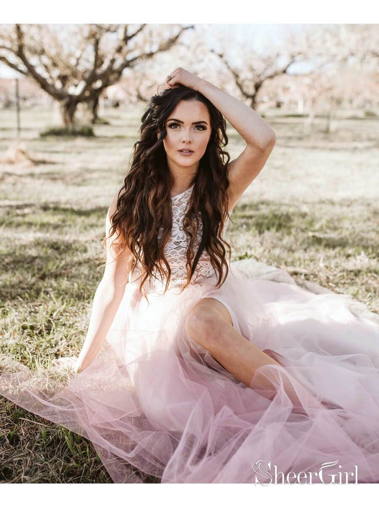 Two Piece Pink Boho Wedding Dress with Slit Beach Wedding Dress AWD1929 Two Piece Pink Boho Wedding Dress with Slit Beach Wedding Dress AWD1929