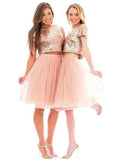 Two Piece Pink Bridesmaid Dresses Short Sleeve Knee Length Bridesmaid Dresses ARD1189-SheerGirl