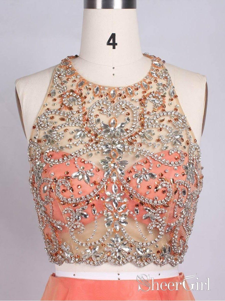Two Piece Plus Size Formal Dresses Rhinestone Coral Wedding Guest Dresses APD3490