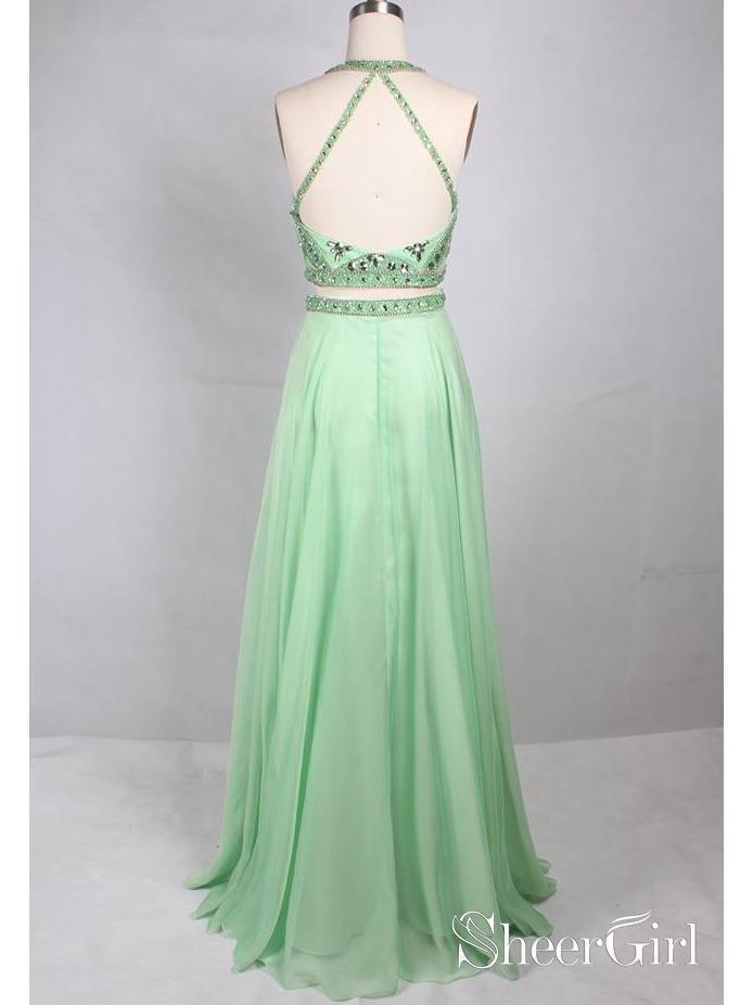 Two Piece Prom Dresses Rhinestone Beaded Mint Green Long Formal Dresses APD3489-SheerGirl