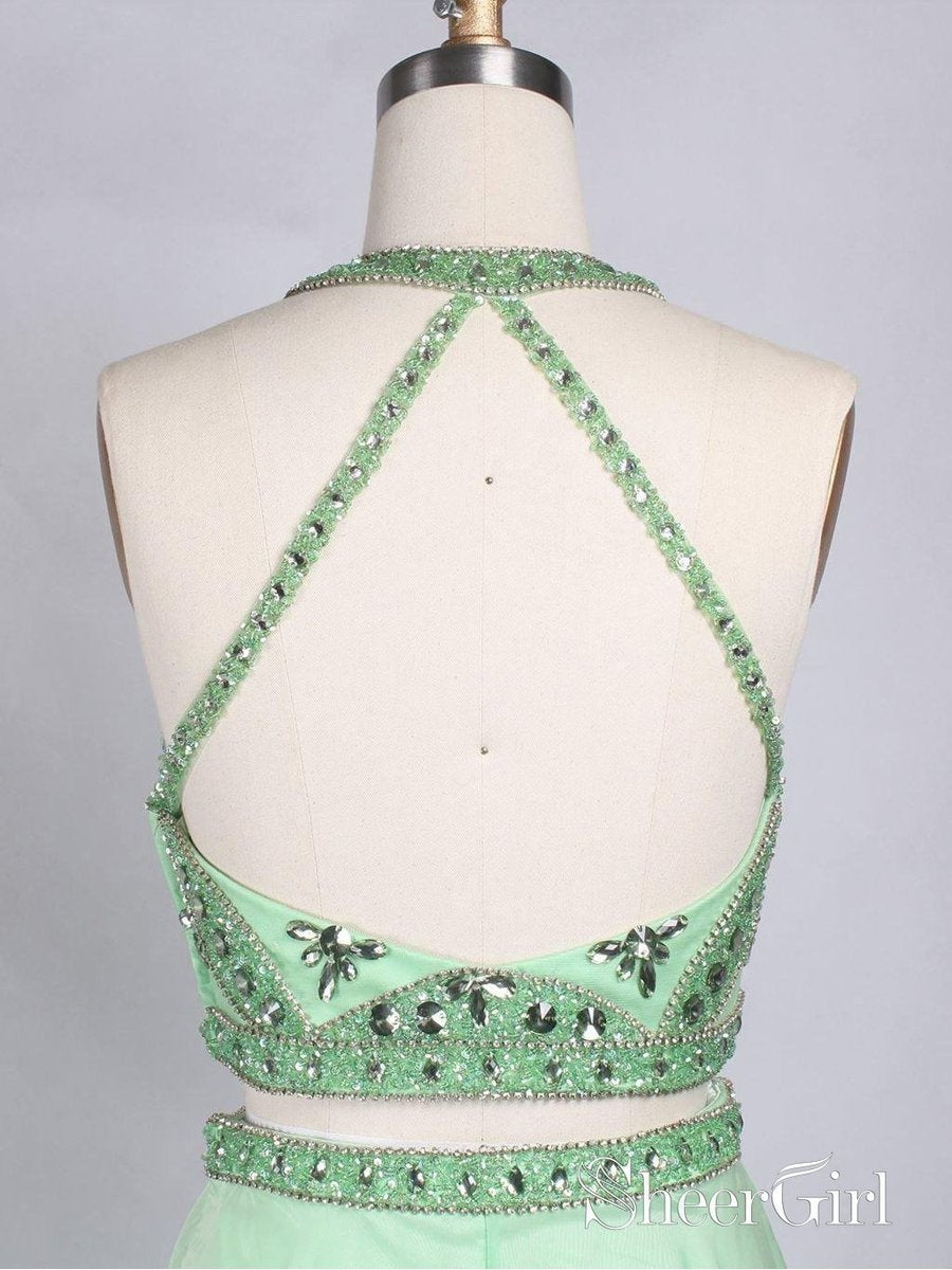 mint green two piece dress Two Piece Prom Dresses Rhinestone Beaded Mint Green Long Formal Dresses APD3489 main image 1