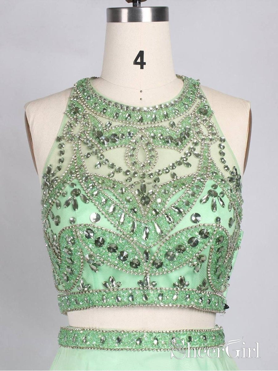 Two Piece Prom Dresses Rhinestone Beaded Mint Green Long Formal Dresses APD3489