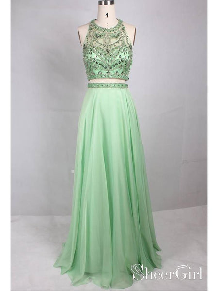 Two Piece Prom Dresses Rhinestone Beaded Mint Green Long