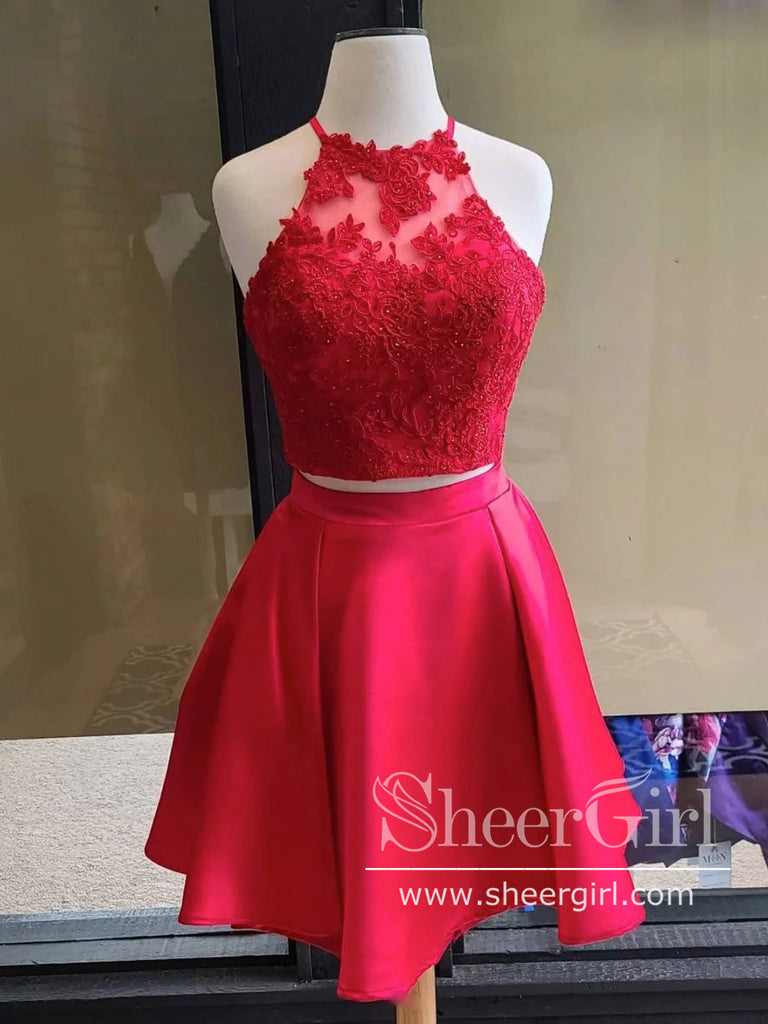 Two Piece Red Lace Homecoming Dresses Chic Satin Summer Dress ARD2830-SheerGirl