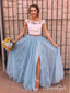 Two Piece Sky Blue Lace Prom Dresses Thigh Split Prom Dress with Rhinestone ARD1430
