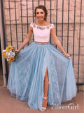 Two Piece Sky Blue Lace Prom Dresses Thigh Split Prom Dress with Rhinestone ARD1430-SheerGirl