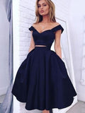 Two Piece V-neck Homecoming Dresses 2018,Satin Navy Blue Short Prom Dresses MCL1003-SheerGirl