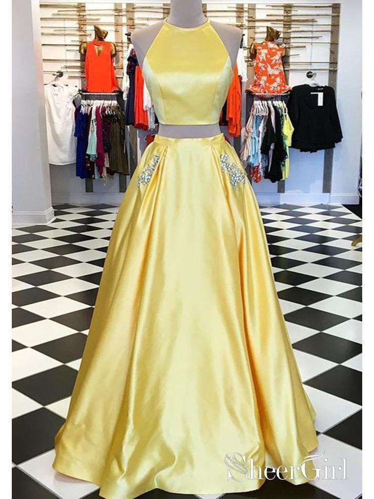 Two Piece Yellow Rhinestone Beaded Prom Dresses with Pocket Simple Formal Dresses ARD1067-SheerGirl