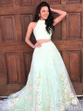 Two-Pieces Green Satin Prom Dresses Flower Print Organza Sweep Train Party Dresses ARD2457-SheerGirl