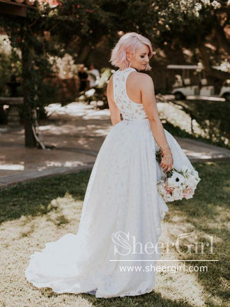 Two Pieces High Low Short Bridal Dresses Ivory Lace Small Train Wedding Dress AWD1639-SheerGirl