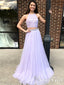 Dvoudílné fialové aplikované společenské šaty ohlávka s výstřihem korálky vlečka dlouhé plesové šaty ARD2529 