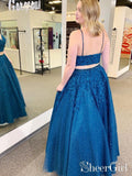 Two Pieces Mykonos Blue Appliqued Evening Dress Spaghetti Straps Appliqued Sparkly Prom Dress ARD2550-SheerGirl