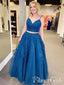 Two Pieces Mykonos Blue Appliqued Evening Dress Spaghetti Straps Appliqued Sparkly Prom Dress ARD2550