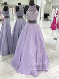 Two Pieces Sleeveless Halter Neckline Lace Bodice Rhinestones Long Prom Dress with Pockets ARD2590-SheerGirl