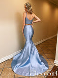 Two Pieces Spaghetti Straps Lace Bodice Formal Dress Sky Blue Mermaid Long Prom Dress ARD2568-SheerGirl