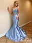 Two Pieces Spaghetti Straps Lace Bodice Formal Dress Sky Blue Mermaid Long Prom Dress ARD2568