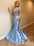 Two Pieces Spaghetti Straps Lace Bodice Formal Dress Sky Blue Mermaid Long Prom Dress ARD2568-SheerGirl