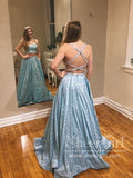 Two Pieces Sparkly A Line Party Dress with Crossed Back Straps Sexy Prom Dress ARD2595-SheerGirl