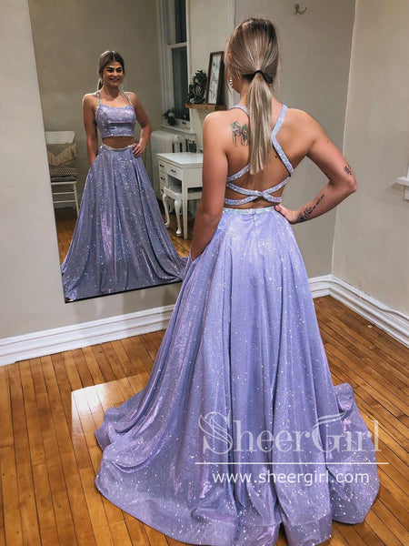 open lace back dress Two Pieces Sparkly A Line Party Dress with Crossed Back Straps Sexy Prom Dress ARD2595