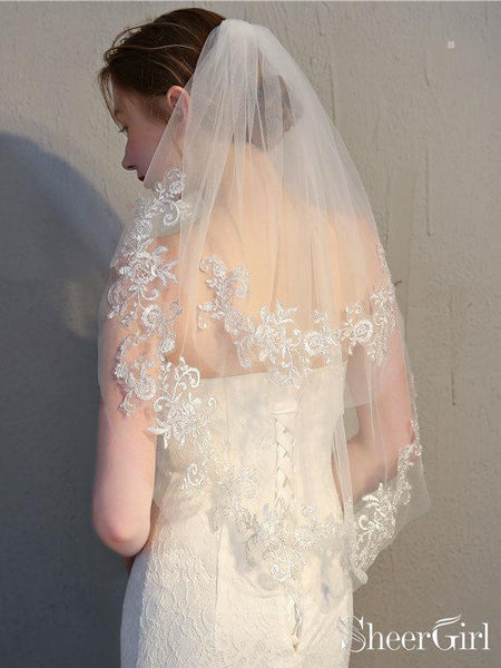 Two Tier Ivory Lace Short Bridal Veils Mid Length Wedding 