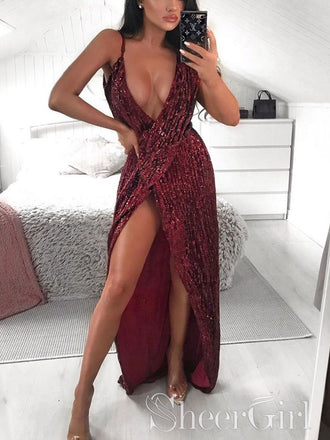 Unique Design Single Spaghetti Sequins Party Dress Burgundy Plounge Neckline Wraped High Slit Prom Dress ARD2569-SheerGirl